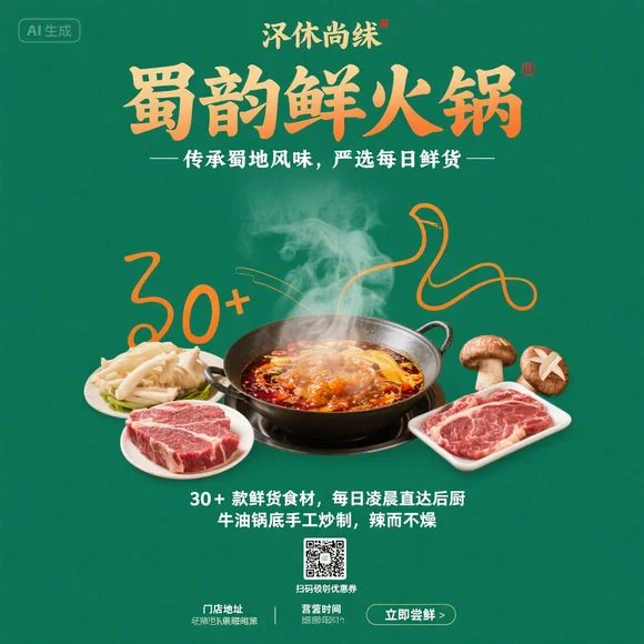 蜀韵鲜洋年货季宣传海报,绿色底与火锅主视觉