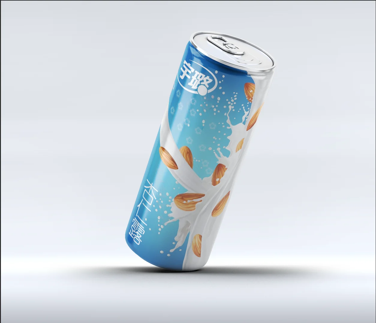 宇璐蛋白饮料易拉罐包装效果图,蓝色渐变与杏仁牛奶飞溅视觉